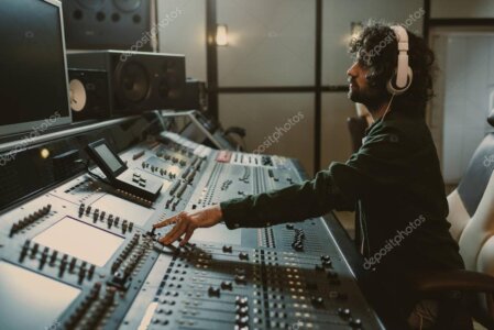 Music producer working in a studio with headphones and mixing console