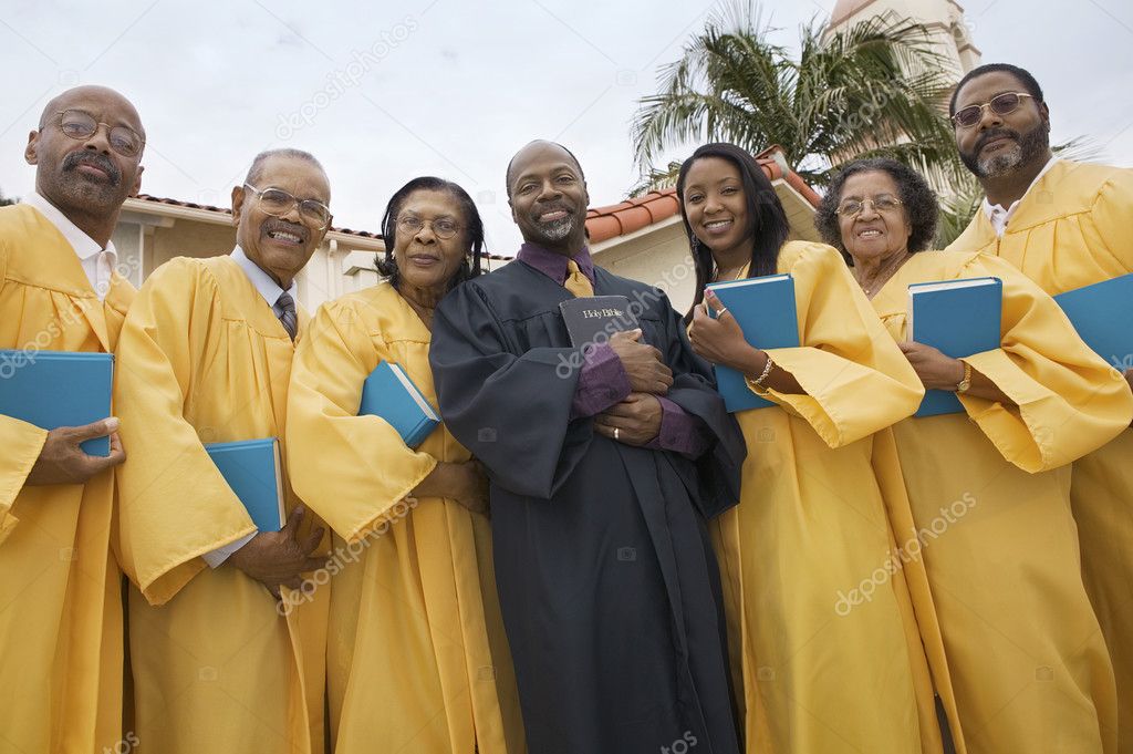 Gospel singers performing under stage lights