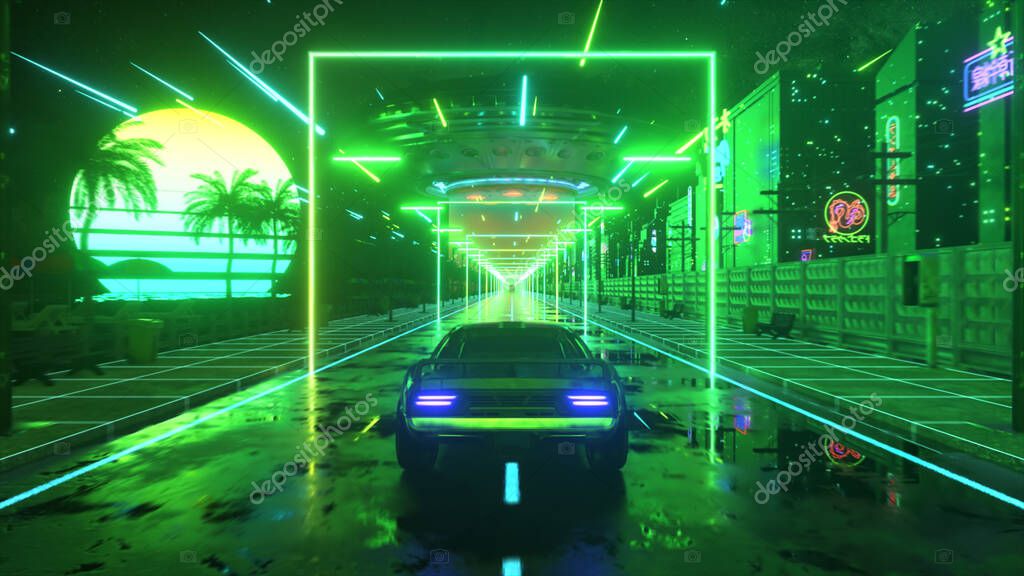 Neon-lit city street at night with a retro synthwave vibe