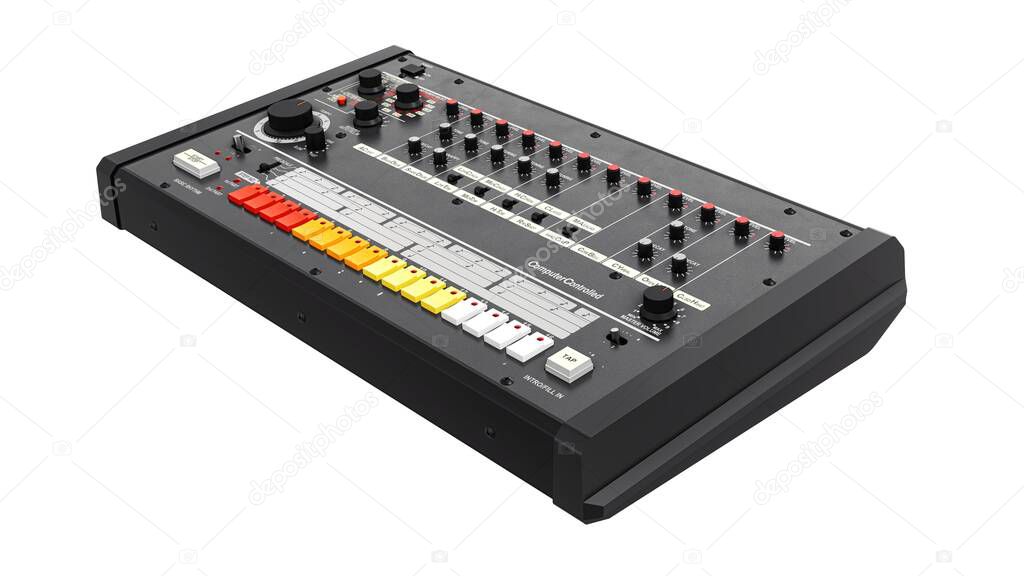 Music producer programming trap beats in a dark studio