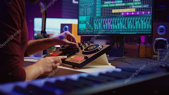 Composer arranging a song in a home studio with a laptop and MIDI keyboard